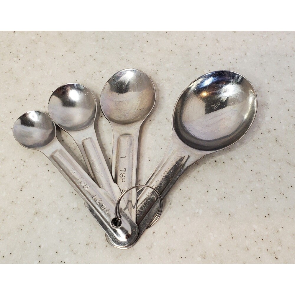 Vintage MCM Stainless Steel Measuring Spoon Set 4 Pc On Ring Tbsp Tsp Mid Centur